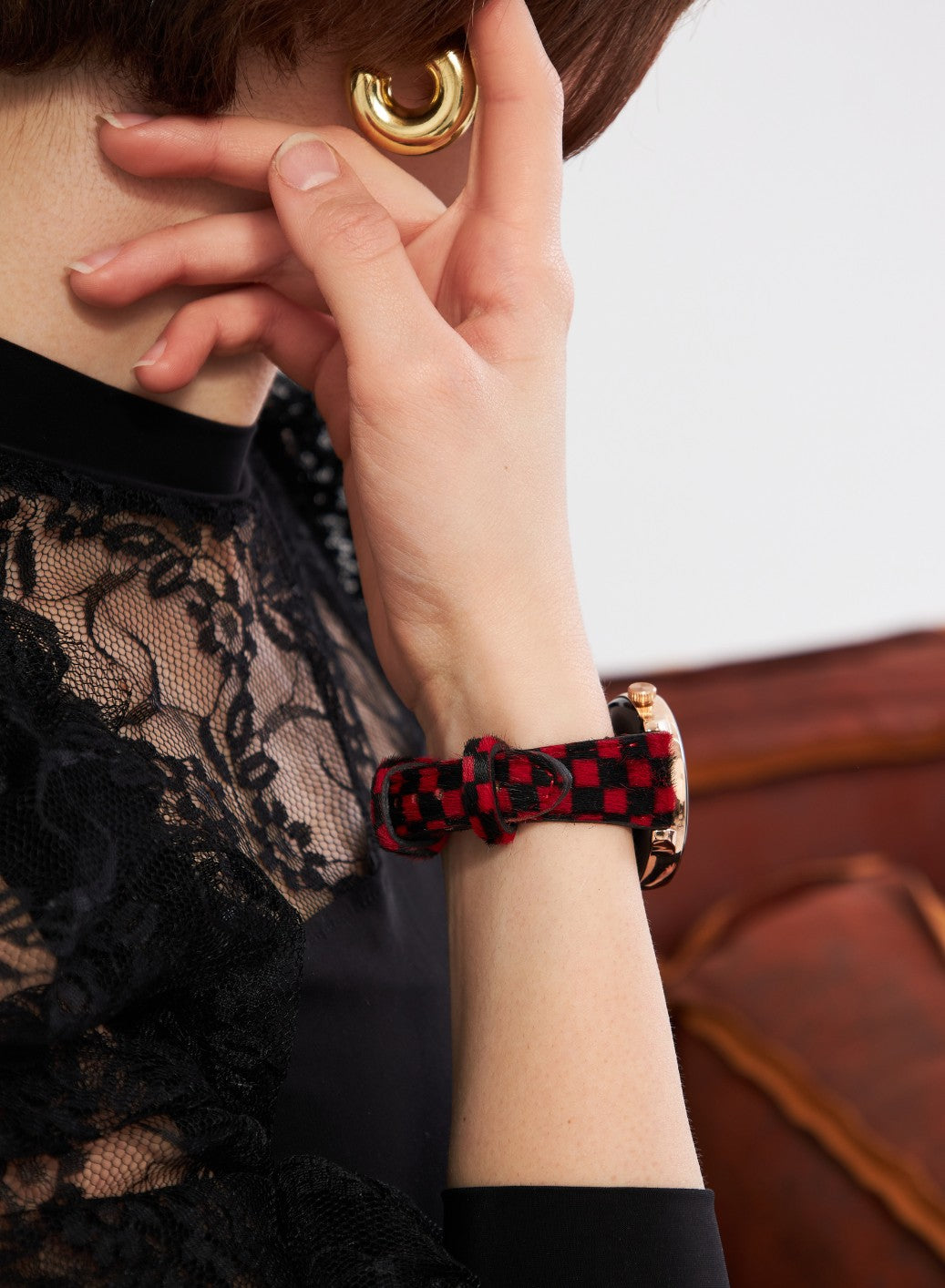 Classic Watch Vadiva Women Leather Strap - Red Checkers