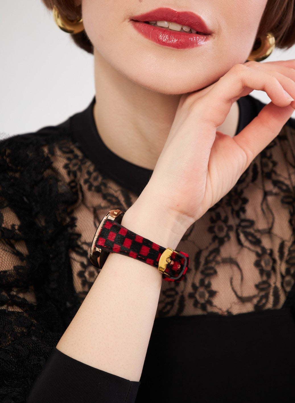 Classic Watch Vadiva Women Leather Strap - Red Checkers