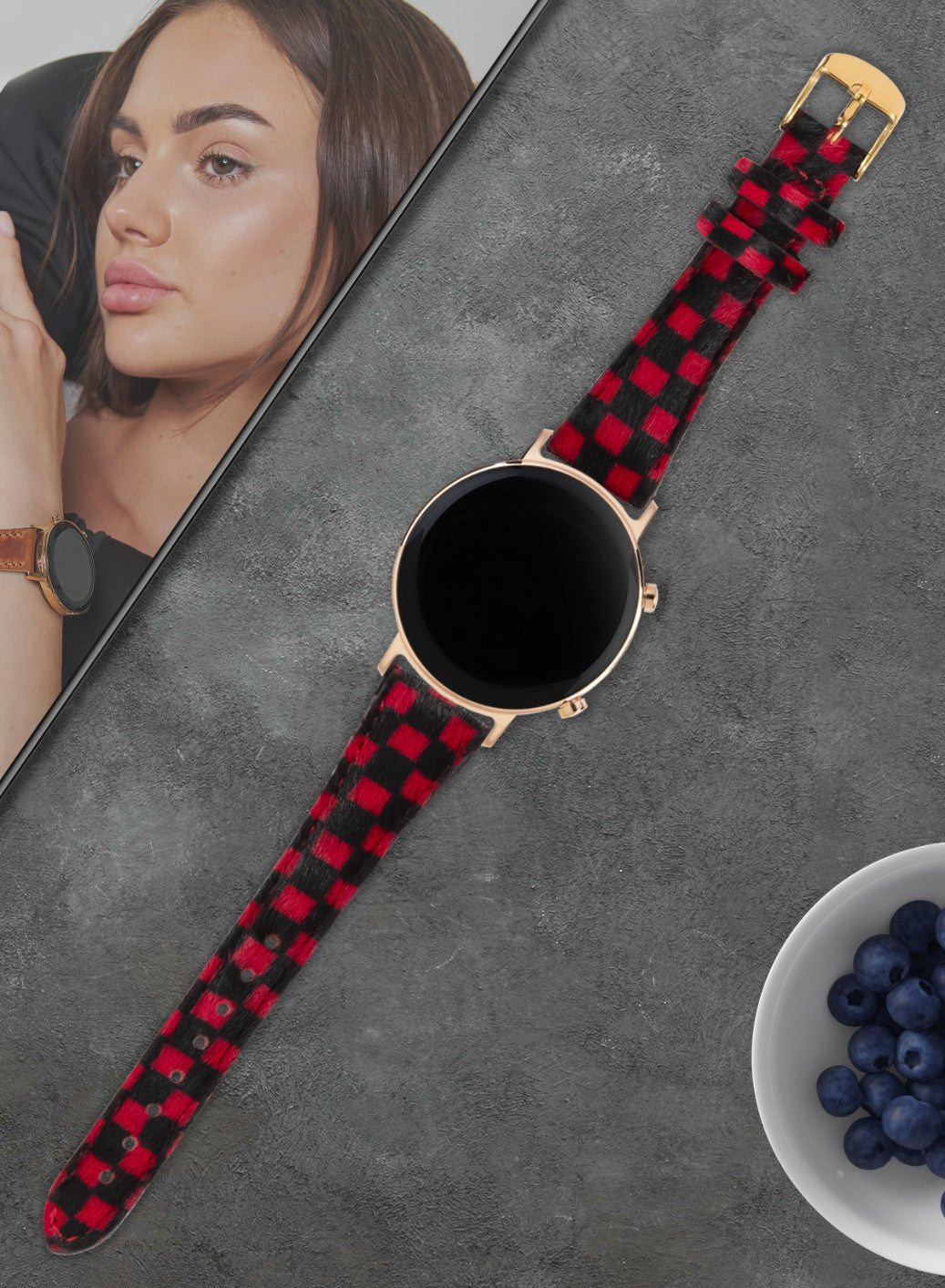 Classic Watch Vadiva Women Leather Strap - Red Checkers