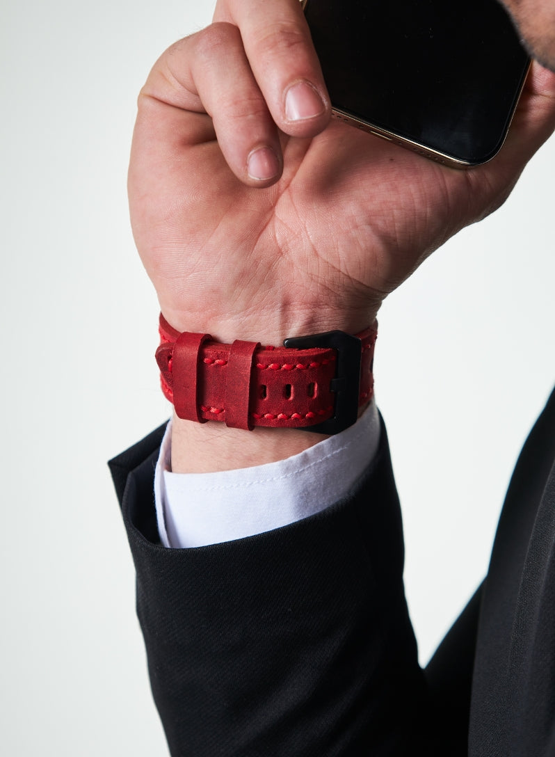 Garmin Watch Three Ropes Leather Strap - Red