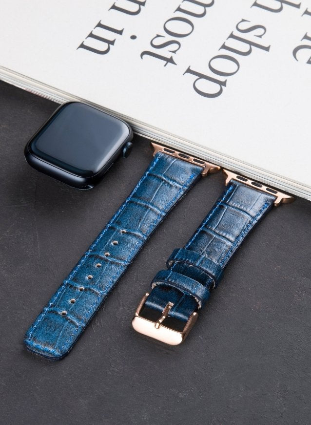 Croco Genuine Leather Apple Watch Strap - Navy Blue - VAGAVE