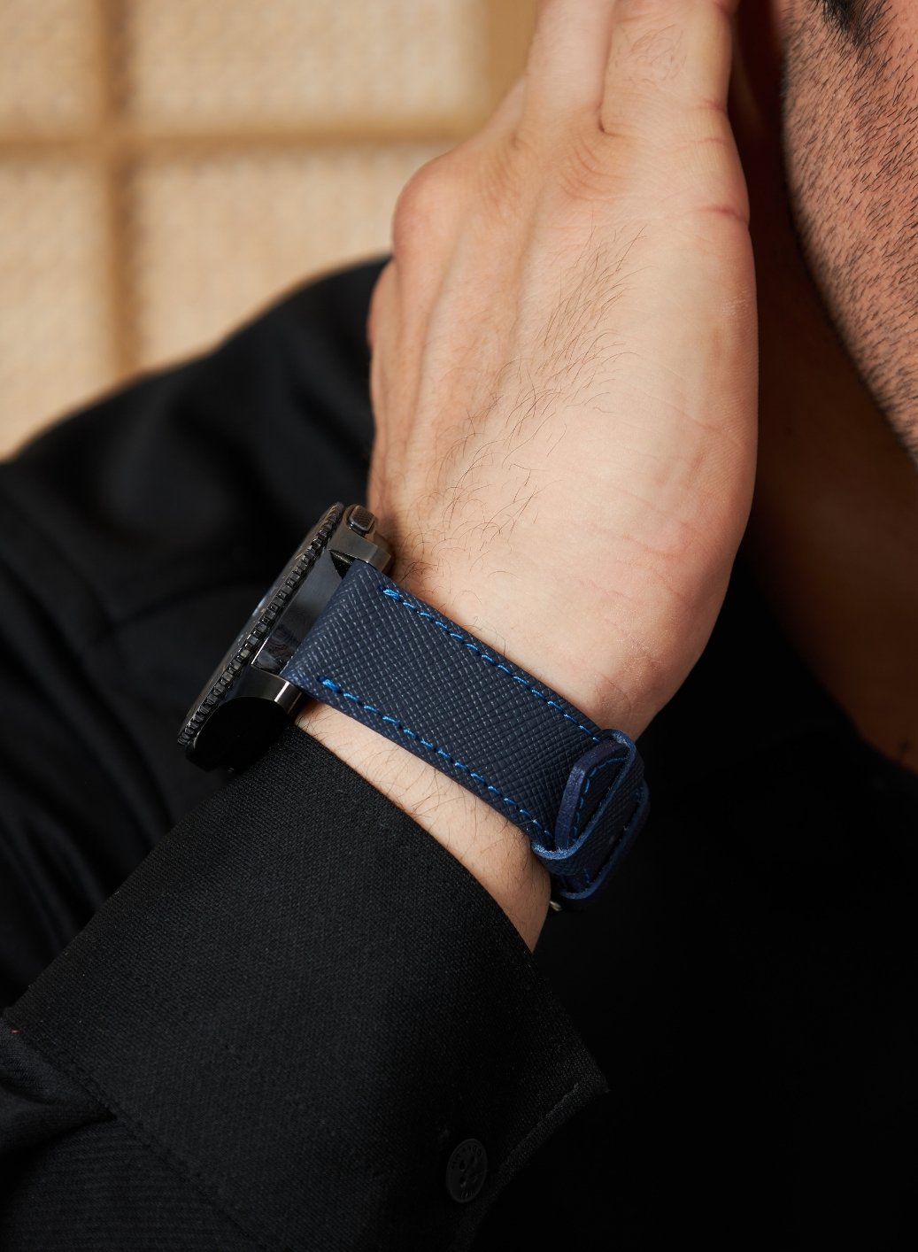 Classic Watch Saffiano Leather Strap - Navy Blue
